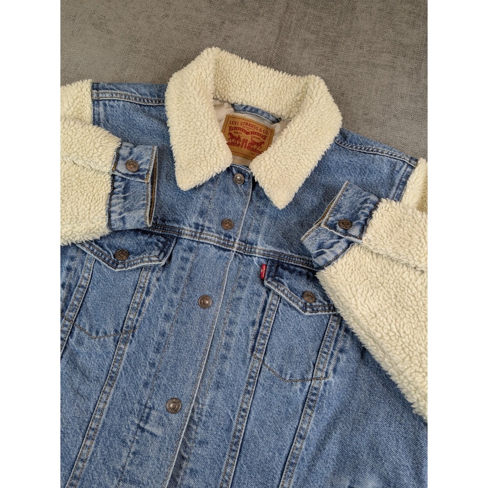 Levis Denim Trucker Jacket Womens 1X Sherpa Sleeves Collar Jean Red Tab Pockets